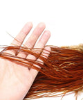 Brown Midge Size Rooster Saddle Hackle Feathers, 10 Pcs Pro Grade Hand Selected Whiting Bronze Tying Feathers For Trout Dry Flies, Perfect For Hook Size 18 To 20, Fly Tying Materials For Anglers in a hand showing detail.