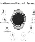Waterproof Wearable Bluetooth Speaker Watch with FM Radio MP3 Player displaying features like Bluetooth and selfie mode.