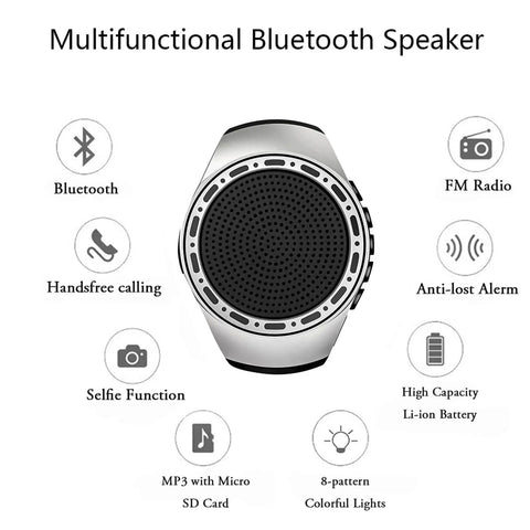 Waterproof Wearable Bluetooth Speaker Watch with FM Radio MP3 Player displaying features like Bluetooth and selfie mode.
