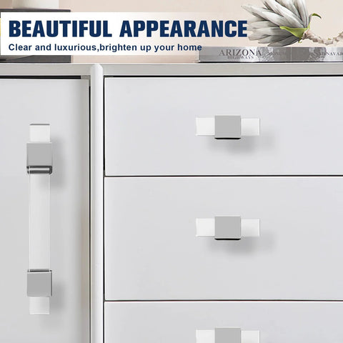 10 Pack Modern Acrylic Cabinet Handles With Clear Square Tube And Polished Chrome Base installed on white drawers