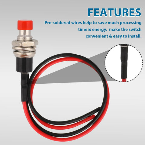 Close-up of red 12 Pack 7mm Momentary Push Button Switch, 12V Prewired, SPST Normally Open, Micro 2 Pin, 3A 220V with wires