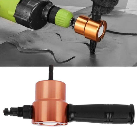 Double Head Sheet Nibbler Metal Cutter Drill Attachment for 360 Degree Cutting in use and close-up view.