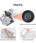 Moisture Proof Filament Spool Enclosure For Dry Storage That Keeps Your Filament Safe From Humidity Bubbles And Clogs With No Fuss Seamless Compatibility For AMS Lite And Filament Management Systems Fits Bambu Lab A1 And A1 Mini Dryer For A1 Box showing temperature and humidity gauge