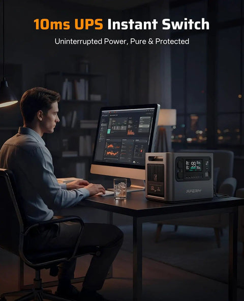 Man working at desk with computer and 2400W Portable Power Station With 2048Wh LiFePO4 Battery And Peak 4800W, AC Fast Charging