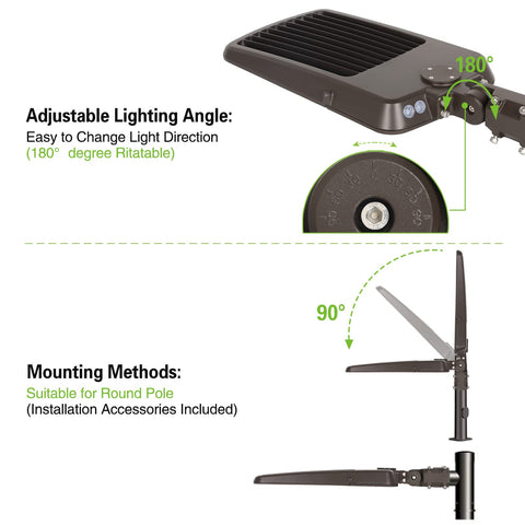 Switchable 240W 300W LED Parking Lot Light with adjustable angle and slip fitter mount for outdoor commercial lighting.