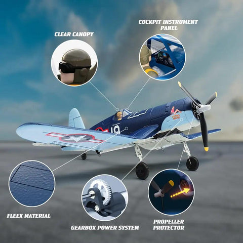 Brushless 4CH RC Plane F4U Corsair with detailed gyro stabilization features and 500mm wingspan, showcasing cockpit and canopy.