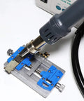 861DW 1000W Hot Air Rework Station with 3 nozzles in use on PCB for phone chip repair, showing precise desoldering process.