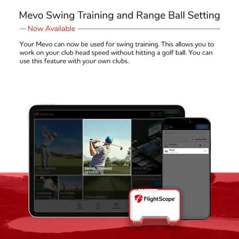 Portable Golf Launch Monitor Mevo with 3D Doppler Radar and video data on swing displayed on smartphone and tablet screen.