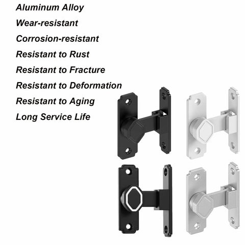 Premium Aluminum Sliding Barn Door Lock Featuring 90 Degree Flip Security Latch, displaying black and silver finishes for durability.