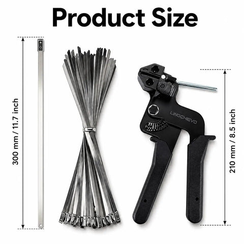 Pro Grade Zip Tie Gun Kit with 100 stainless steel cable ties, showcasing 11.8 inch ties and heavy duty fastening tool.