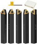 Five-piece indexable carbide lathe tool holder set with tin-coated inserts, half-inch shanks, tools, and case visible