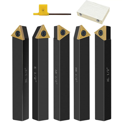 Five-piece indexable carbide lathe tool holder set with tin-coated inserts, half-inch shanks, tools, and case visible