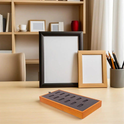 Slick Gray Solid Wood Jewelry Display Tray Featuring 12 Ring Slots Top Shelf Storage Organizer Box on a wooden table with frames.