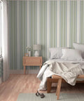 Farmhouse Matte Wallpaper Dope Linen Texture Hella Durable PVC Free Wall Covering in a cozy bedroom with green stripes.