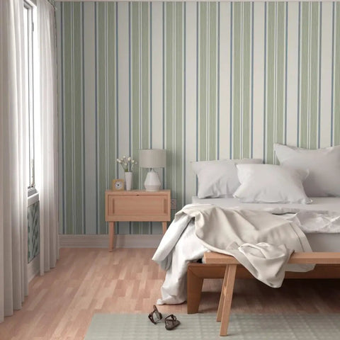 Farmhouse Matte Wallpaper Dope Linen Texture Hella Durable PVC Free Wall Covering in a cozy bedroom with green stripes.