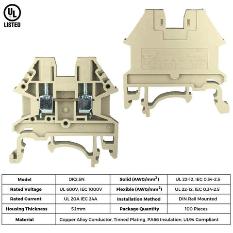 Din Rail Screw Type Terminal Block 12-22 AWG 20A UL 600V High Reliability Compact Block front and side view