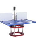 Dead On Aluminum Router Table Insert Plate That Clicks Securely Into Woodworking Rigs Matching Sixty Four To Sixty Five Mm Motors And Dishing Out Fifty One Mm Lift Stroke In Bold Blue with red base.