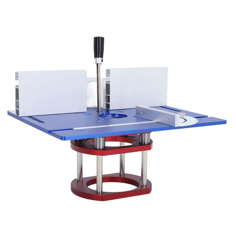 Dead On Aluminum Router Table Insert Plate That Clicks Securely Into Woodworking Rigs Matching Sixty Four To Sixty Five Mm Motors And Dishing Out Fifty One Mm Lift Stroke In Bold Blue with red base.