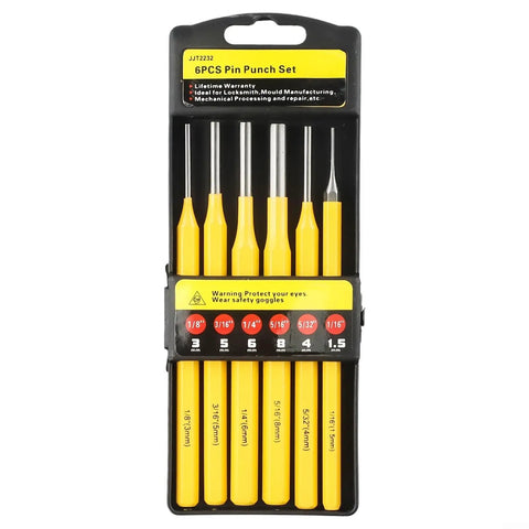 Six Piece Heavy Duty Steel Drive Punch Kit For Woodworkers And Mechanics Featuring Flat Chisel And Center Tips To Nail Drill Points On Metal Projects With Rust Proof Coating And Pro Tough Durability. 6pc steel punch set 1.5mm to 8mm in case