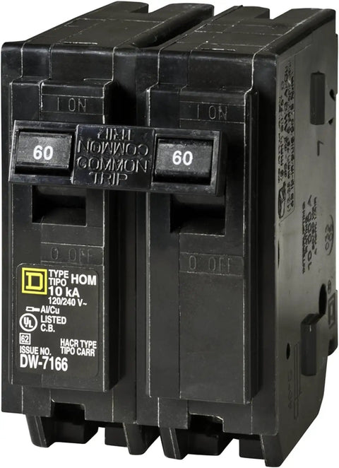 Snappy 60 Amp Mini Circuit Breaker Two Pole 120 240V AC With 10KA Trip Rating Direct Plug Mount for Household Electrical Safety.