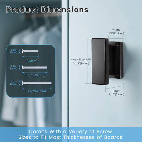 Side view of six pack matte black solid cabinet knobs for kitchen cabinets cupboards drawers and dressers built to last zinc alloy hardware with one hole and one and a half inch overall length, showing dimensions and screw sizes.