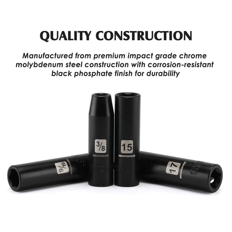 38 Piece One Half Inch Drive Deep Impact Socket Master Set With 10 Inch Quick Release Ratchet And Accessories, SAE And Metric Deep Sockets From Three Eighths To One And A Quarter Inch, 10 To 32 Mm, CR-V Steel with black phosphate finish.