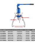 Beefy 50T Hydraulic Gear Puller With Adjustable 2 Or 3 Jaw Set showing dimensions and specifications chart