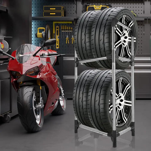 Essential Garage Heavy Duty 4 Tire Storage Rack, Vertical Stand With Space Saving Double Layer Build, Hella Sturdy Steel Frame, Solid Wheel Accessory Organizer Solution