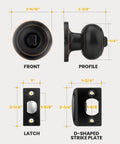 Oil Rubbed Bronze Interior Door Knob Privacy Set For Bedroom And Bathroom Doors, No Key Privacy Lock dimensions shown