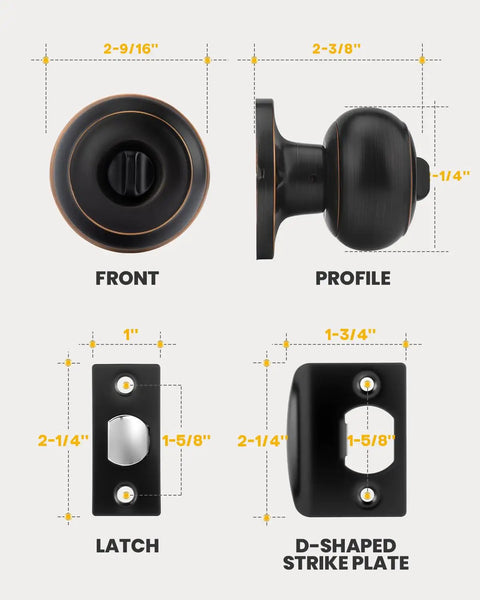 Oil Rubbed Bronze Interior Door Knob Privacy Set For Bedroom And Bathroom Doors, No Key Privacy Lock dimensions shown
