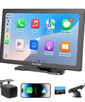 9 Inch Wireless CarPlay Screen for Cars with Android Auto, touch screen display, backup camera, and mount accessories shown.