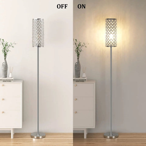 Lit Crystal Floor Lamp With Sparkling K9 Crystal Shade For Living Room Bedroom Dorm Office Or Hotel Tall Modern Glam Minimalist Pole Standing Light That Delivers Bright Warm Glam Glow And Ambience on and off view
