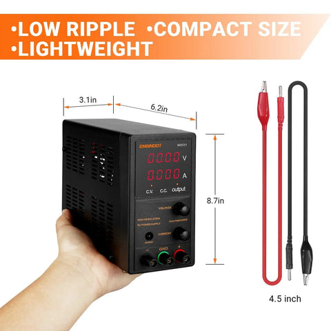 30V 5A Adjustable DC Bench Power Supply With 4 Digit LED Display, Data Hold, Coarse And Fine Adjustment, side view, dimensions shown
