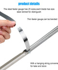 Feeler gauge blade, stainless steel, close-up showing dual metric/imperial markings 0.038 mm / 0.0015 in