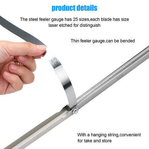 Feeler gauge blade, stainless steel, close-up showing dual metric/imperial markings 0.038 mm / 0.0015 in