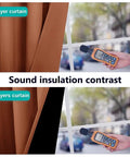 Burnt Orange 100 Percent Blackout Window Curtain Panel With Silver Grommets, 52 Inches Wide By 84 Inches Drop, sound insulation comparison showing noise meter by window.