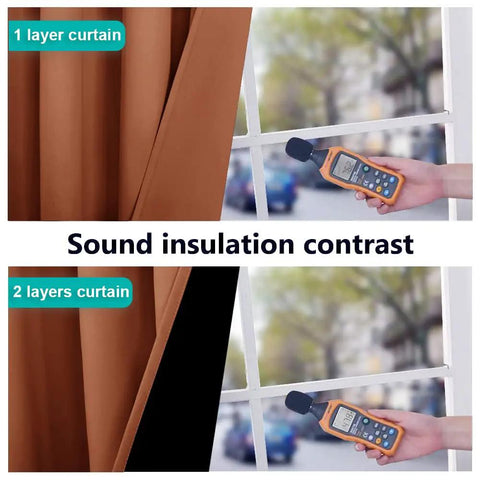 Burnt Orange 100 Percent Blackout Window Curtain Panel With Silver Grommets, 52 Inches Wide By 84 Inches Drop, sound insulation comparison showing noise meter by window.