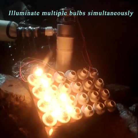 Off Grid Ready Portable Micro Hydroelectric Generator 100W for Camping and Home Use lighting multiple bulbs outdoors