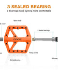 Diagram showing Ultra Lightweight Mountain Bike Pedals With Grippy Traction For Trail And BMX Rides, orange nylon body, labeled parts
