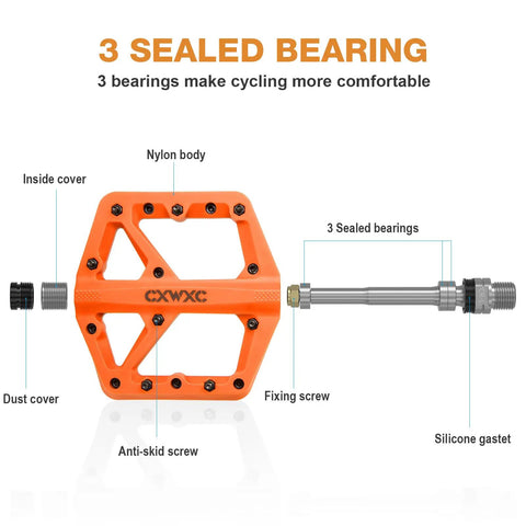 Diagram showing Ultra Lightweight Mountain Bike Pedals With Grippy Traction For Trail And BMX Rides, orange nylon body, labeled parts