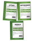 Front view of seed packets for Five Pack Of Lettuce And Greens Seeds Including Arugula Spinach Kale Buttercrunch Romaine And More Non GMO.