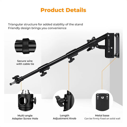Wall Mount Boom Arm For Ring Light Softbox And Reflector, 39.4 Inch, showing mount points and adjustment features