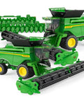 Two Pack 1/64 Scale X9 1000 Combines Die Cast With Clear Windows HD50F Draper Head And Folding C16F Corn Head Model Set