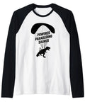 Powered Paragliding Saurus Raglan Baseball Tee with Dope Dino Paraglider Motif, black sleeves, lightweight classic fit.