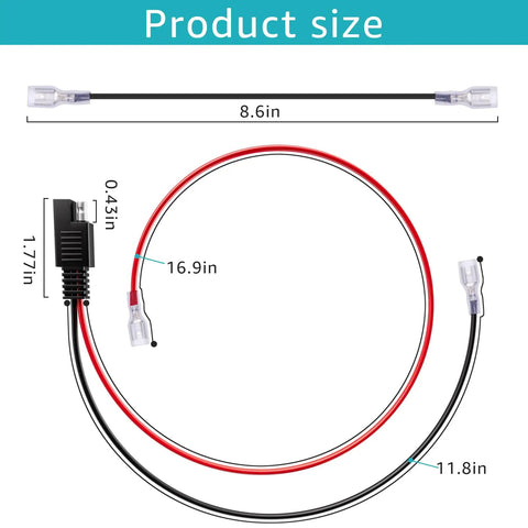 24V Battery Harness Kit With 2Pin SAE Connector For Electric Bikes Insulated Terminal Harness size diagram