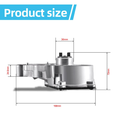 Brake vacuum pump, metal automotive part; side view with dimensions 168mm length, 72mm height, 36mm width