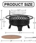 Dimensions of 38 Inch Wood Burning Fire Pit For Outdoor Patio Round Fire Pit With Grill metal lid, grill, and accessories.