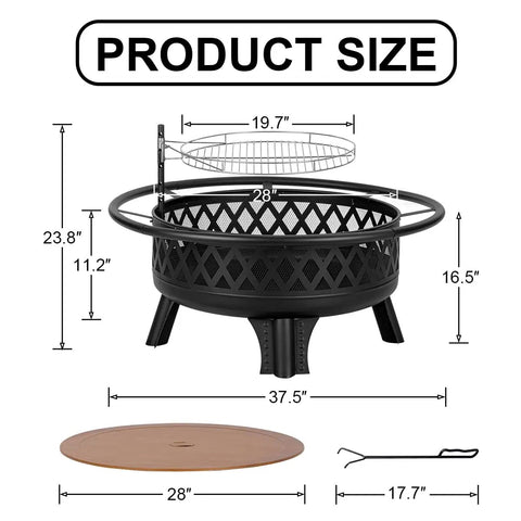 Dimensions of 38 Inch Wood Burning Fire Pit For Outdoor Patio Round Fire Pit With Grill metal lid, grill, and accessories.
