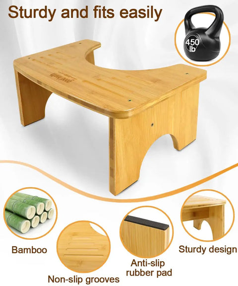 Foldable Bamboo Toilet Stool For Adults, 7.5 Inch Squat Aid with sturdy design, showing non-slip grooves and anti-slip rubber pad.