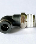 Ten Pack Push To Connect Air Fittings 90 Degree Pneumatic Tube Elbow One Quarter Inch Tube OD To One Quarter Inch NPT Thread Quick Connect For Easy Snap On Air Lines Durable Plastic And Stainless Steel With 360 Degree Rotation, black elbow fitting